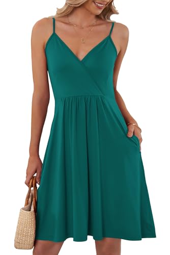 AUSELILY Womens Summer Dress V Neck Casual Beach Spaghetti Strap Dresses for Women UK with Pockets Dark Green S