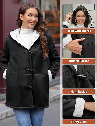 Svanco Womens Winter Coats Fleece Lined Warm Jacket Sherpa with Buckle Hoody Parka Overcoat Thermal Faux Suede Coat for Ladies Heated Outerwear Outdoor Casual