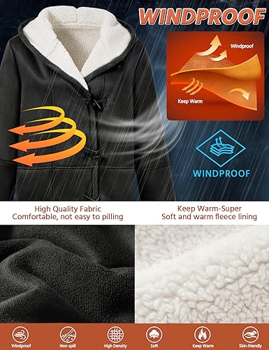 Svanco Womens Winter Coats Fleece Lined Warm Jacket Sherpa with Buckle Hoody Parka Overcoat Thermal Faux Suede Coat for Ladies Heated Outerwear Outdoor Casual