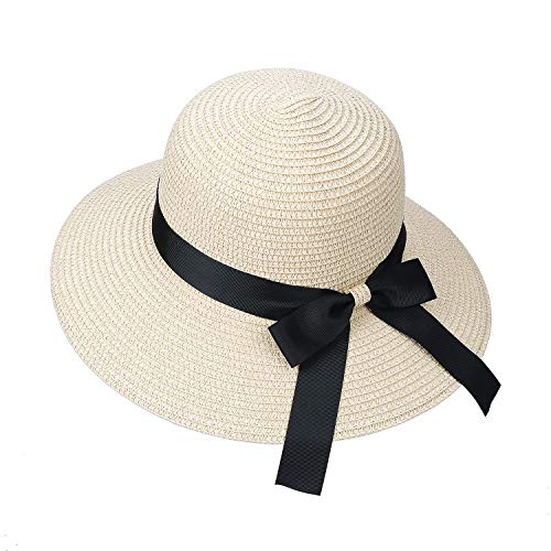 Women Straw Hat Foldable Wide Brim Sun Summer Beach Cap with Bow Knot Anti-UV Protection for Travel Vacation Beige