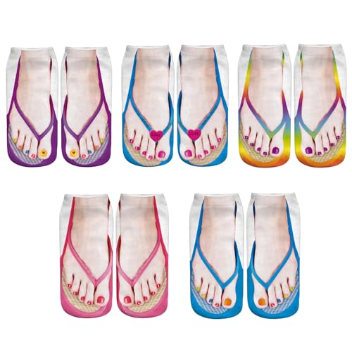 Dyzoxa 10 Pieces Manicure Print Socks, 3D Pattern Socks Women Print Socks, Casual Personalized Flip Flop Socks Flip Low Cut Ankle Socks Flop Print Socks (5 Pairs)