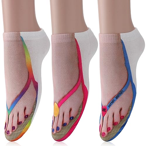 Yolev 3D Flip-Flops Fun Socks Women's Girl 3D Print Socks Comfort Slipper Socks Men Novelty Crazy Casual Personalized Low Cut Ankle Crew(6 Pack)