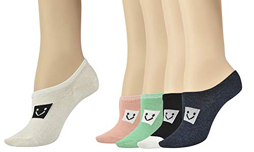 Vinsani® Smile Print Plain Ankle Socks 5 Pairs Pack - Multi Coloured Onesize Fits All Cotton Ankle Sneaker Trainer Socks