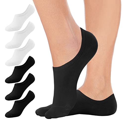 SIHOHAN 6 Pairs Invisible Ankle Trainer Socks Womens, No Show Low Cut Casual Socks, Non Slip Cushioned Socks for Ladies and Girls Sneaker Canvas Shoes (3 Black+3 White)