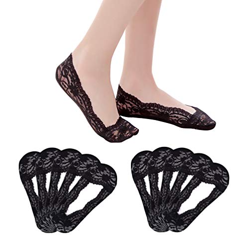 FEPITO 10 Pairs Women No Show Lace Boat Socks Non slip Ankle Socks Low Cut Liner Invisible Socks for Sneaker Loafers（Black）