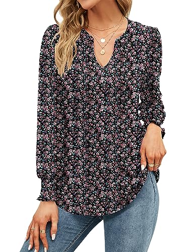 EFFAN Womens Tops V Neck Casual T Shirts Pleated Puff Long Sleeve Elegant Floaty Floral Printed Tunic Blouse, Floral BlackRed M (UK 12-14)