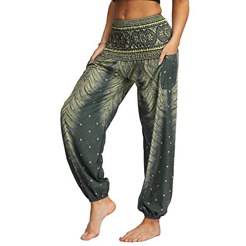 Nuofengkudu Women's Hippie Baggy Harem Trousers Smocked High Waist Soft Bohemian Print Thai Aladin Yoga Pants with Pockets Holiday Party Beachwear Green C One Size