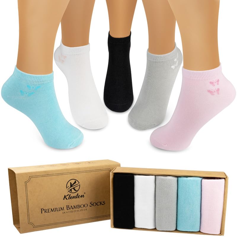 Womens Trainer Bamboo socks, Low Cut Ladies Casual Ankle Socks with Smooth Toe Seam, Breathable Sneaker Socks in Planet Friendly Packaging, Pack of 5, Size UK 4-7 (Black, Grey, Blue, Pink, White)