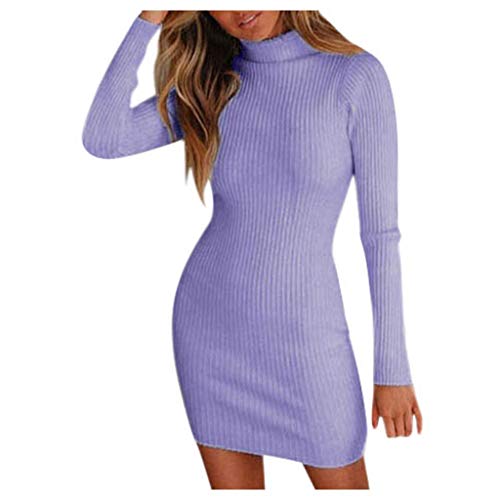 iHENGH Women Bodycon Dress Ladies Holiday Style Sexy Solid Long Sleeve Casual Knitted Mini Dresses Purple