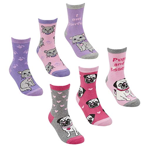 Sock Stack Girls Socks 6 Pairs Of Kids Design Unicorn Mermaid Pug Socks Cotton Rich, Pugs & Cats, 9-12