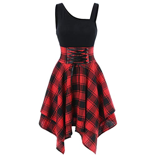 iHENGH Summer Dresses for Women 2019d Fashion Women Sleeveless Cold Shoulder Cross Lace Up Plaid Print Irregular Dress(Red,Small)