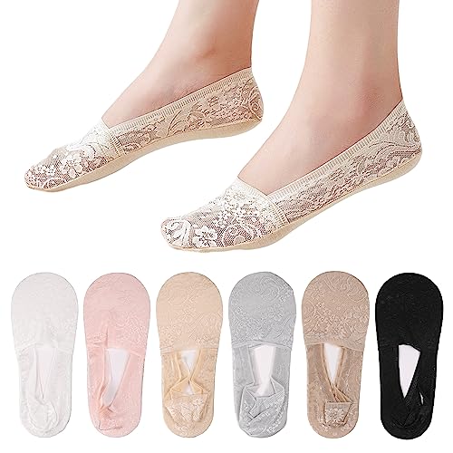 6 Pairs Women No Show Lace Socks Cotton Non-slip Breathable Ankle Socks Invisible Ultra Low Cut Liner Socks with Silicone Strips for Loafers Sneakers and High-heel Shoes - Black Nude Grey White Pink