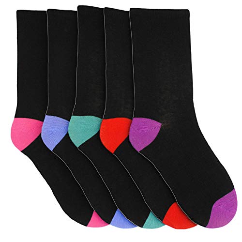 Rozgul Ladies 5 Pack Cotton Rich Socks Black with Multicoloured Heels & Toes 4-7