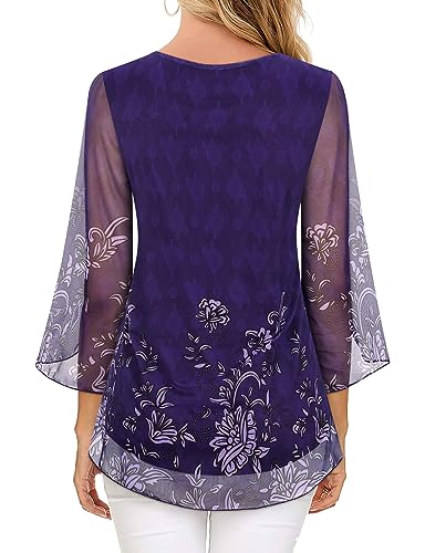 Ladies Tunic Tops UK, Loose Tops For Women UK Womens Shirts And Blouses UK Ladies Chiffon Blouses Size 18 Elegant Floral Tops Swing Lightweight Mesh Blouse Shirts For Women 3/4 Sleeve Dressy Top