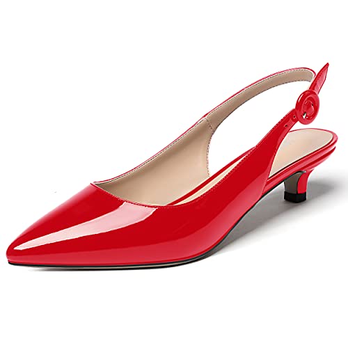 WAYDERNS Women's Solid Patent Leather Ankle Strap Pointed Toe Buckle Slingback Kitten Low Heel Pumps Shoes 1.5 Inch red Size: 6 UK