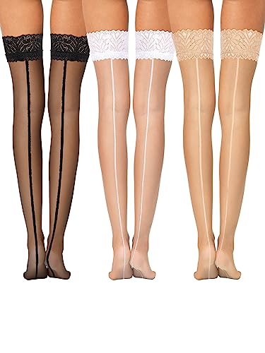 Geyoga 3 Pairs Women's Hold up Stockings with Back Seam Sensual Stockings Lace Top High Thigh