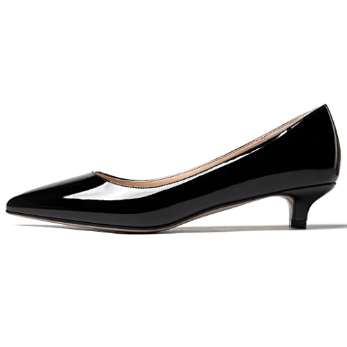 MODENCOCO Women's Pointed Toe Slip On Solid Patent Kitten Low Heel Pumps Shoes 1.5 Inch black Size: 8 UK