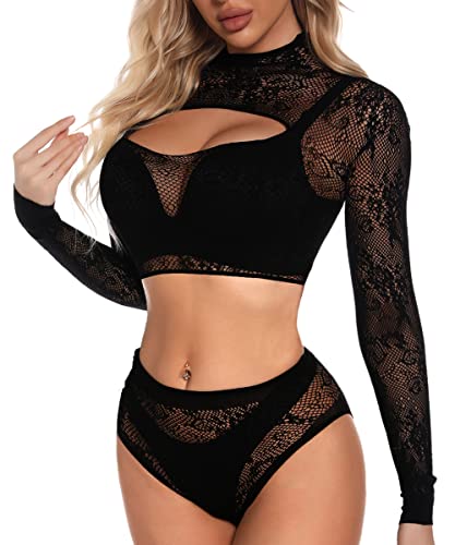 Buitifo Womens Lingerie Set Fishnet Babydoll Bodysuit Sexy Nightwear(Black 90,one size)