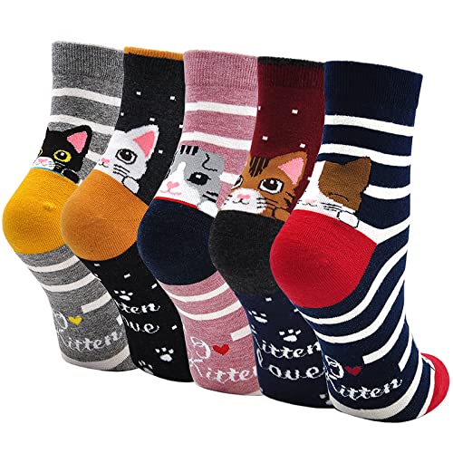 ZAKASA Women Funny Cat Socks: Novelty Animal Socks Ladies Funky Cute Cat Lovers Gifts Women Cotton Kitten Sock Christmas Presents UK 4-9 Cats-5 Pairs