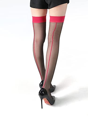 scicent Hold Up Stockings - Hold Ups - Sheer Stockings - Seamed Stockings (One Size), Black Red Line, 6-16
