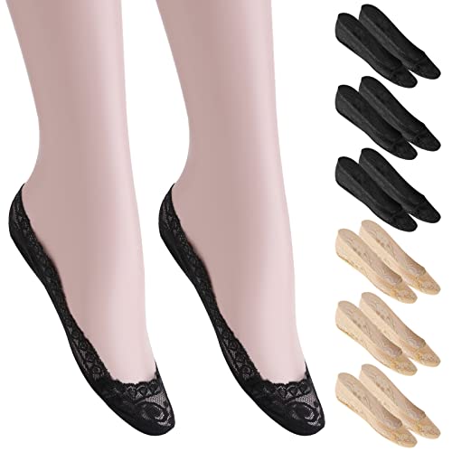 Sibba 6 Pairs Lace Boat Socks Non Slip Ultra Low Cut Socks Invisible Socks Ladies No Show Liner Ankle Socks with Silicone Grip for Women Girls High-heel Shoes Boat Shoes (Black & Skin)