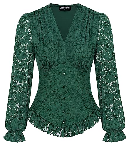 SCARLET DARKNESS Women Renaissance Lace Tops Long Sleeve V-Neck Curved Hem Pullover Blouse S Lace Dark Green 432A23-4