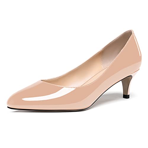 WAYDERNS Women's Cute Solid Slip On Round Toe Patent Leather Low Kitten Heel Pumps Shoes 2 Inch beige Size: 6 UK