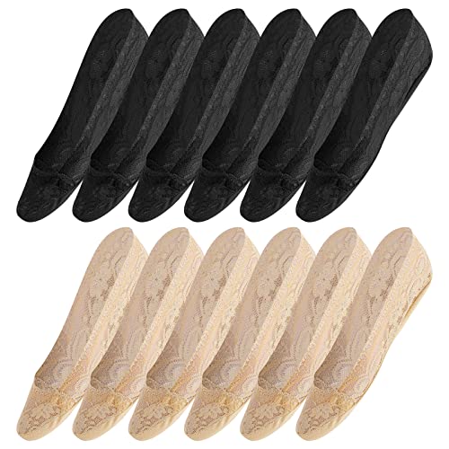 Sibba 6 Pairs Lace Boat Socks Non Slip Ultra Low Cut Socks Invisible Socks Ladies No Show Liner Ankle Socks with Silicone Grip for Women Girls High-heel Shoes Boat Shoes (Black & Skin)