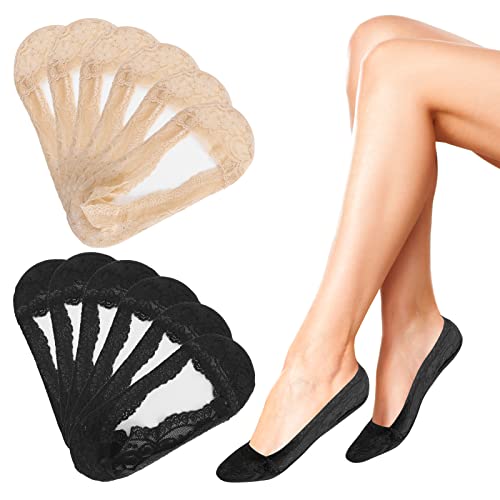 Sibba 6 Pairs Lace Boat Socks Non Slip Ultra Low Cut Socks Invisible Socks Ladies No Show Liner Ankle Socks with Silicone Grip for Women Girls High-heel Shoes Boat Shoes (Black & Skin)