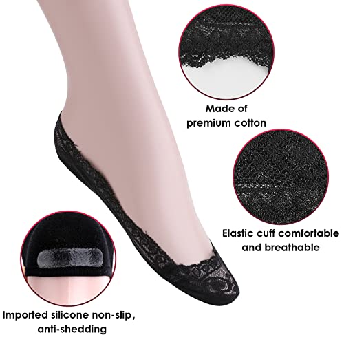 Sibba 6 Pairs Lace Boat Socks Non Slip Ultra Low Cut Socks Invisible Socks Ladies No Show Liner Ankle Socks with Silicone Grip for Women Girls High-heel Shoes Boat Shoes (Black & Skin)