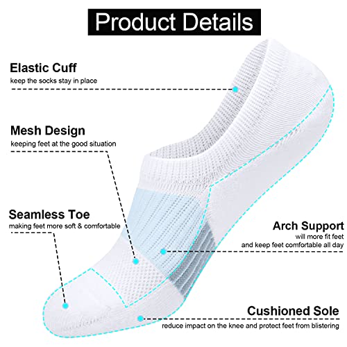 6 Pairs Invisible Ankle Trainer Socks Womens, White No Show Low Cut Casual Socks, Non Slip Cushioned Socks for Ladies and Girls Sneaker Canvas Shoes 3-5