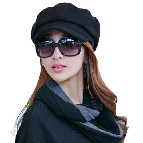 ITODA Ladies Beret Fashion 8 Panel Baker Boy Cap Classic Wool Blend Peaked Cap Autumn Winter Warm Beanie Cap Stretchable Flat Cap Newsboy Hat for Women Girls Black