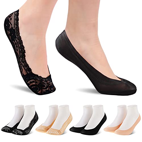 Geyoga 4 Pairs Women No Show Socks Non Slip Low Cut Socks Boat Socks Latent Liner Ankle Socks Invisible Socks for Women Sneakers (Cotton, Lace,Stylish Style)