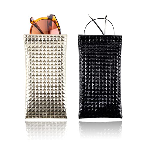 Angzhili 2 Fashion Glasses Case Soft,PU Leather Sunglasses Reading Glasses Pouch with Snap Closure Spectacles Bag for Women Men (black+golden)