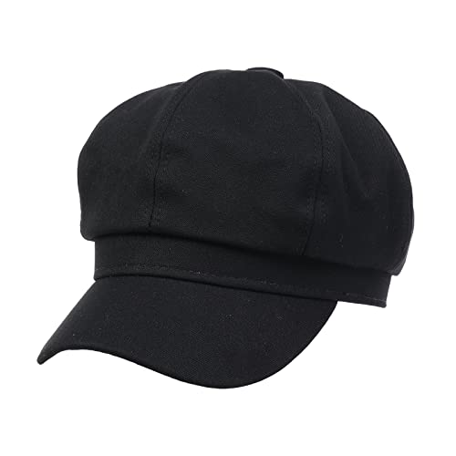 NiceYnn Cotton Baker Boy Cap for Women Girl, Retro 8 Panel Newsboy French Berets Painter Hat Flat Peaked Caps Denim Visor Solid Black