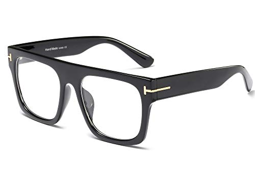 Allt Unisex Large Square Optical Eyewear Non-prescription Eyeglasses Flat Top Clear Lens Glasses Frames, Black, Large