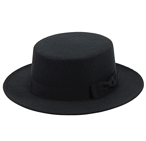 QUUPY Classic Wide Brim Fedora Hat Flat Top Hat Panama Hat with Bow Felt Jazz Hat Derby Cap Black