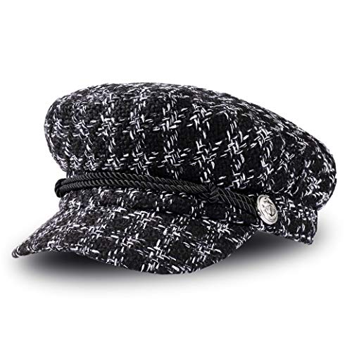 Ladies Houndstooth Cap Women's Short Brim Visor Beret Fashion Casual Hat Retro British Style Elegant Winter Flat Hats for Women ('6 7/8-7 1/8') Black 1 Piece