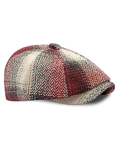Dalababa Tweed Flat Caps, 8 Panel Peaky Vintage Checked Style, Adjustable Newsboy Baker boy Gatsby Beret Hat Mens Womens Unisex - Burgundy