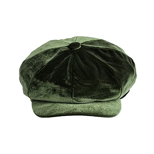 Ladies Womens Girls Velvet Baker Boy Newsboy Peaked Cap Spitfire Hat (Olive)