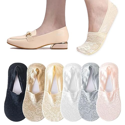 No Show Lace Socks for Women, 6 Pairs Ladies Low Cut Liner Invisible Socks, Non slip Soft Breathable Ankle Socks Boat Socks for Loafers Sneakers Flats Boat Shoes