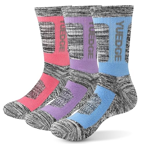YUEDGE 3 Pairs Women's Wicking Cushion Crew Socks Outdoor Multi Performance Hiking Trekking Running Walking Socks WL 4-8 Light Blue/Pink/Purple
