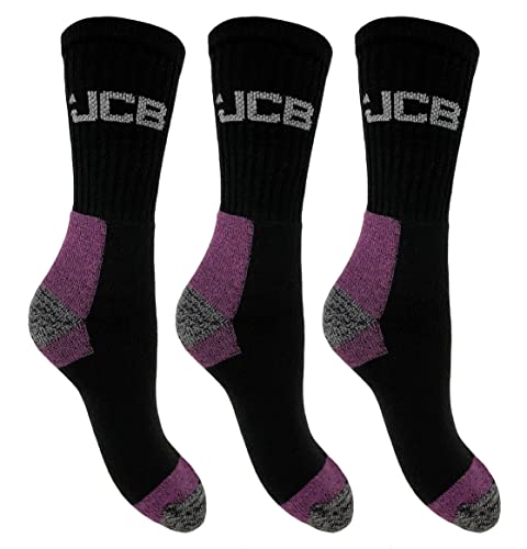 JCB - Ladies Workwear Apparel Socks - Black & Purple - 3 Pack - UK 4-8 EUR 37-43 - Work Boot Socks (3 Pair Pack)