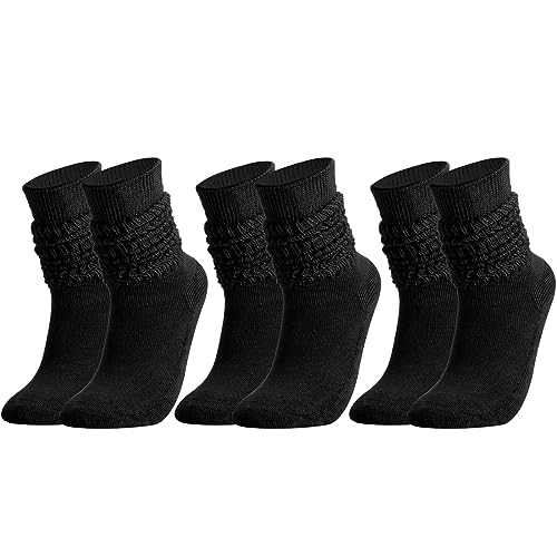 Firtink 3 Pairs Women's Slouch Sock, Extra Long Scrunch Knee High Sock, Novelty Cotton Knit Socks Fall Winter Boot Socks for Women Girls, One Size (Black)
