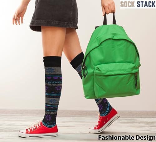 Sock Stack Ladies Design Ski Wellington Boot Socks 4 Pairs Womens Cotton Rich Walking Hiking Fair Isle Nordic Patterns High Knee Long Thermal Socks, UK 4-7