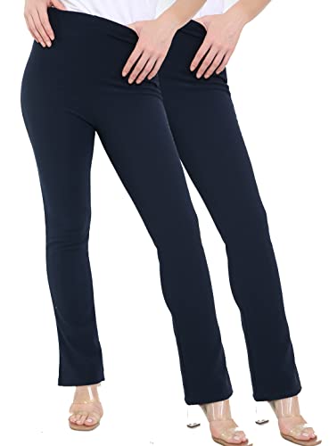 kraftd Ladies Bootleg Trousers Women Boot Cut High Rise Ribbed Pull On Work Bottoms Elasticated Waist Pants (Pack of 2) Navy