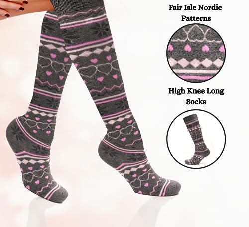 Sock Stack Ladies Design Ski Wellington Boot Socks 4 Pairs Womens Cotton Rich Walking Hiking Fair Isle Nordic Patterns High Knee Long Thermal Socks, UK 4-7