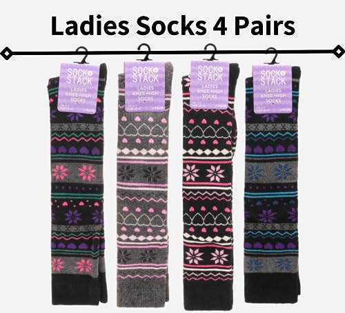 Sock Stack Ladies Design Ski Wellington Boot Socks 4 Pairs Womens Cotton Rich Walking Hiking Fair Isle Nordic Patterns High Knee Long Thermal Socks, UK 4-7