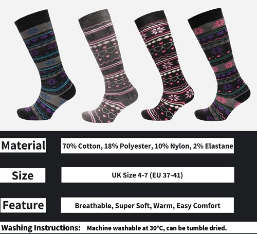 Sock Stack Ladies Design Ski Wellington Boot Socks 4 Pairs Womens Cotton Rich Walking Hiking Fair Isle Nordic Patterns High Knee Long Thermal Socks, UK 4-7