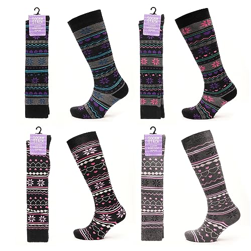 Sock Stack Ladies Design Ski Wellington Boot Socks 4 Pairs Womens Cotton Rich Walking Hiking Fair Isle Nordic Patterns High Knee Long Thermal Socks, UK 4-7